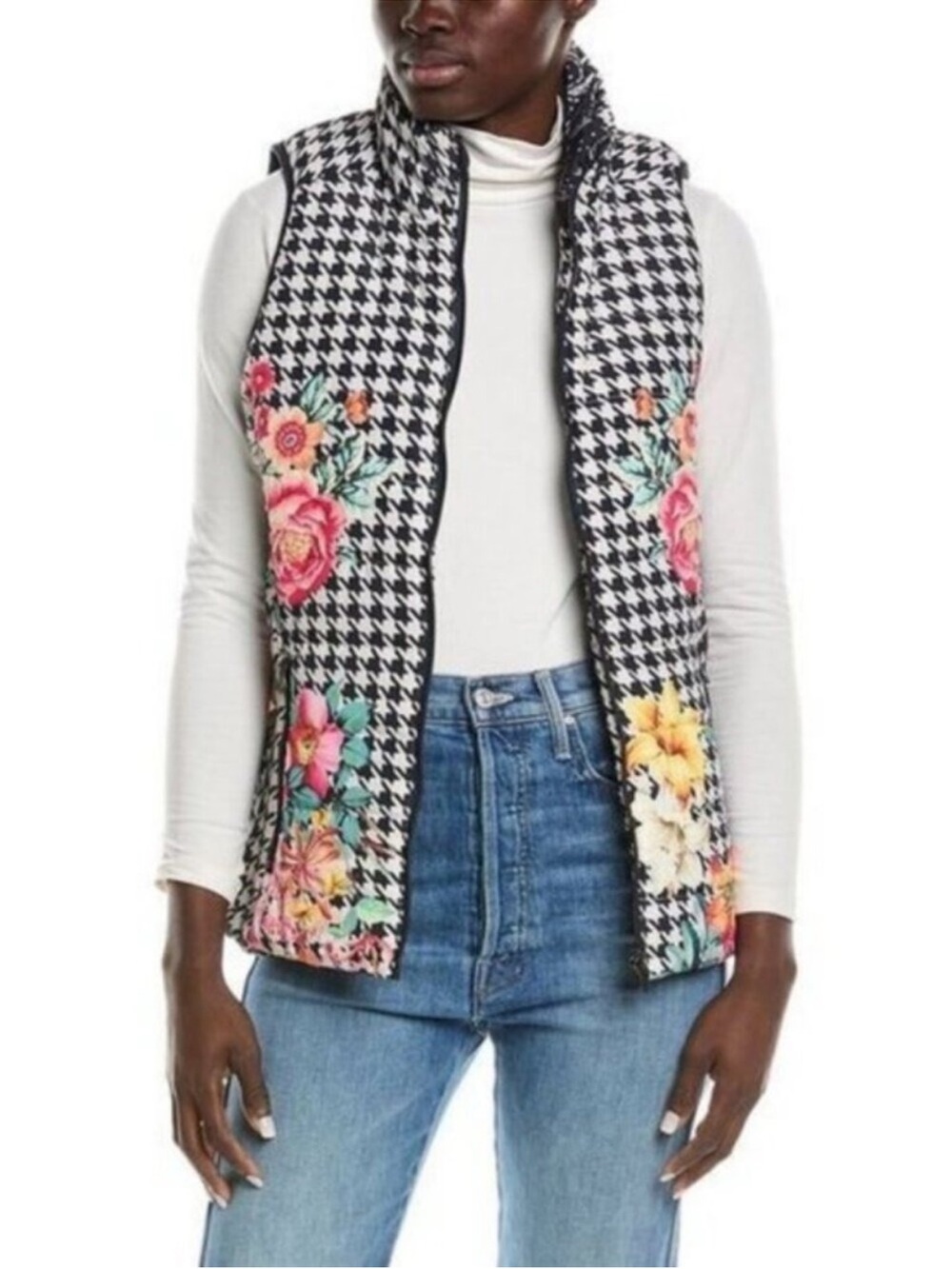 Johnny Was Sasha Reversible Vest Houndstooth Floral Black White Puffer Size XS